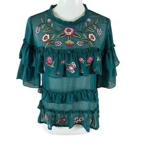 Lulumari Teal Sheer Ruffle Blouse Floral Embroidered Boho Festival Top Medium